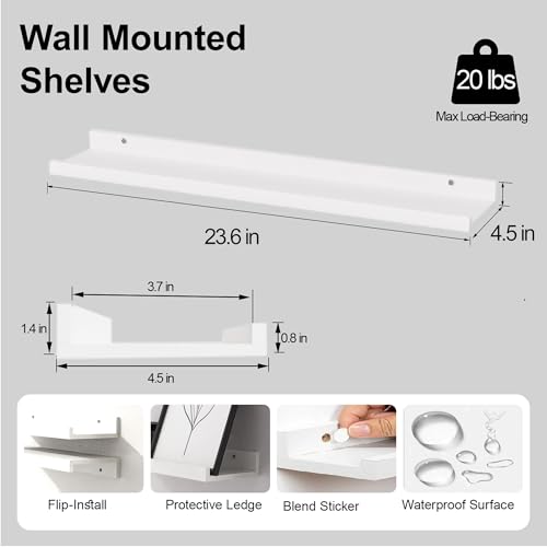 Image of White Floating Shelves for Wall Decor, 24 in Shelf with Lip Set of 2