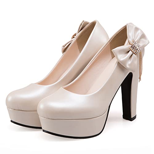 BEAUPAS Women's Platform Chunky Heel Round Toe Block High Heels Pumps Cute Bow Shoes3