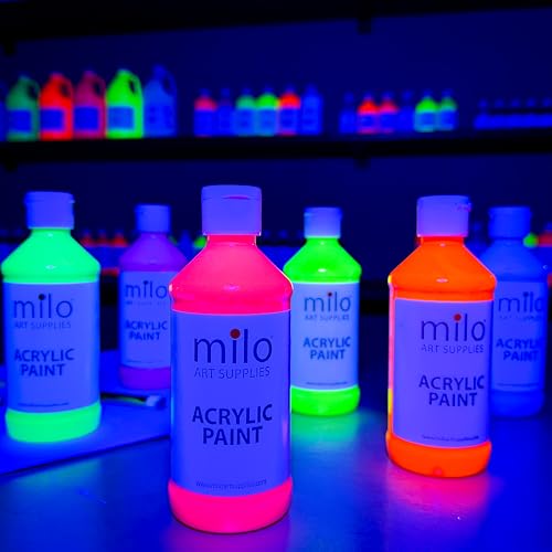 Image of milo Fluorescent Acrylic Paint Set of 6 Colors | 8 oz Bottles | Student Neon Colors Acrylics Painting Pack | Glows UV in Black Light | Non-Toxic Arts & Crafts Paints for Artists & Hobby Painters | Made in USA | Glows in Black Light, AP Certified Non-Toxic, Made in USA, Arts & Crafts Paints for Artists, Student, Hobby Painters, Mixable