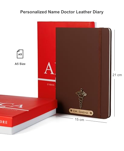 Image of AICA Personalized Name & Charm Doctor Leather Notebook Diary - A5 Size, 180 Ruled Pages (Dark Brown) | Customized Gift for Doctors Retirement Farewell Appraisal Birthday For Men Women Girls Boys