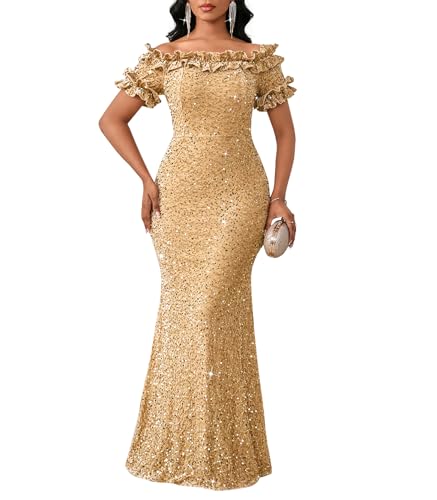 dasmzper Women Sexy Sequin Off Shoulder Ruffle Short Sleeve Bodycon Mermaid Party Formal Evening Maxi Dress Gold