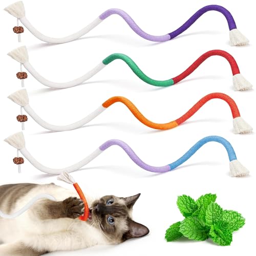 soodyoow 4 Pcs Natural Catnip Chew Rope for Cats Catnip Toys for Indoor Cats Teeth Cleaning Interactive Cat Toy Enrichment Play Kitten Teething Chew Toy