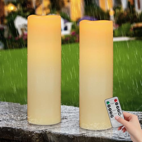 Image of Kimjo 14 inch x 4 inch Large Outdoor Waterproof Candles with Timer Remote, 2 Pack | Ivory, Battery Operated LED Flameless Pillar Candles, Electric Flickering Fake Candles for Patio, Lanterns, Porch Decor