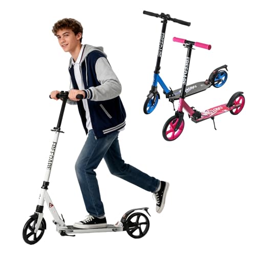 FREEDARE Kick Scooter for Kids & Adults Ages 8+, Foldable Teen Scooter with 2 Big 8-inch Wheels and 4-Level Adjustable Handlebar, Max Load 220 LBS, White