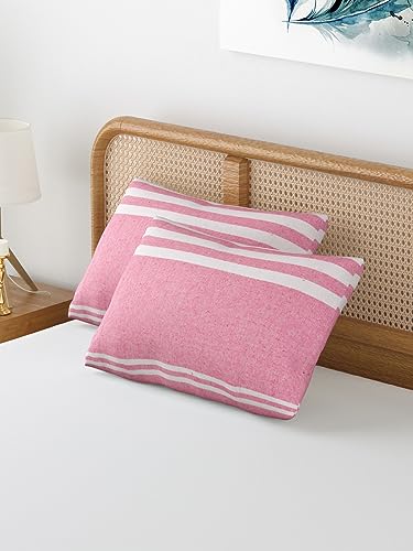 Image of 180 TC Pillow Cover Set of 2 | Pillow Cover Cotton 100% | Pillow Cover Set of 2 King Size | Wrinkle Free & Fade Resistance | Striped Pattern | Standard Size | All Season Use (Rose Pink)