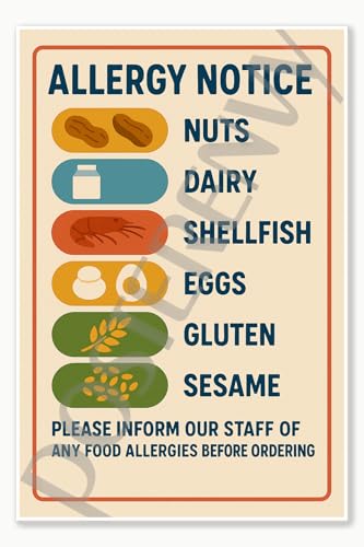 Allergy Notice Allergen English Restaurant Kitchen Workplace Food Safety Employee poster - 18 inch x 12 inch