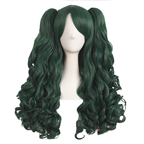 MapofBeauty 28 Inch/70cm Lolita Long Curly 2 Ponytails Clip on Cosplay Wig (Pine Green)