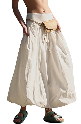 Women Y2k Bubble Maxi Skirt Elastic Low Waist Pleated Long Skirt Ruffle A Line Puffy Midi Skirt Streetwear