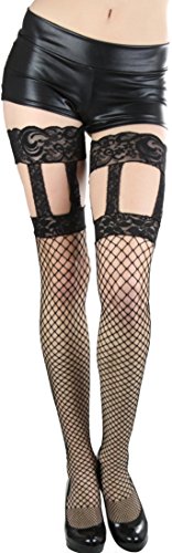 Image of ToBeInStyle Women's Wide Floral Lace Fishnet Thigh Hi Stockings