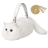 Realistic Puffy Plushed Cat Shaped Crossbody Handbag for Women with Adjustable Strap and Metal Chain, British Shorthair White