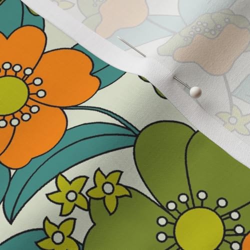 Spoonflower Fabric - 70S Floral Orange Retro Funny Hippie Medium Olive Green Teal Vintage Printed on Petal Signature Cotton Fabric Fat Quarter - Sewing Quilting Apparel Crafts Decor