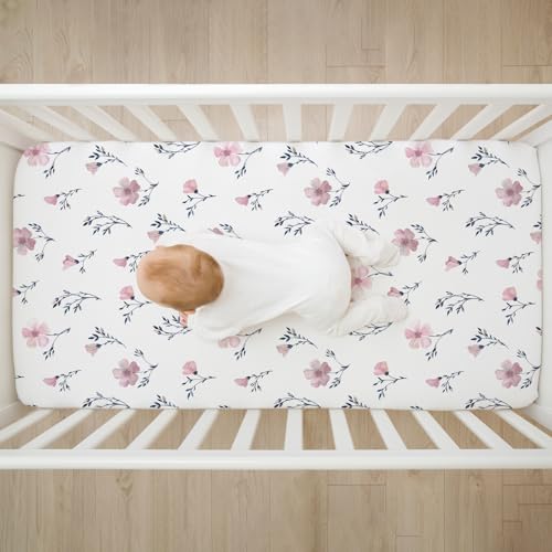 Image of 4 Pack Floral Crib Sheet Set for Baby Girl, Soft Breathable Fitted Pink Crib Sheet 28 x 52 in, Vintage Wildflower Nursery Decor for Standard Crib and Toddler Bed Mattresses