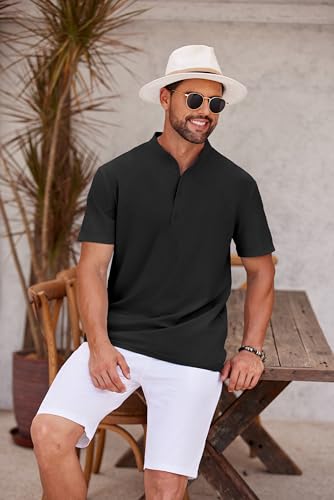 COOFANDY Men's Casual Henley Shirt Short Sleeve Band Collar Shirt Summer Beach Hippie Vacation T Shirt with Button4