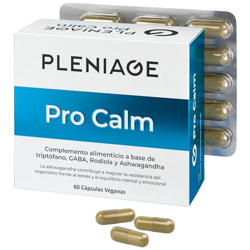PLENIAGE® PRO CALM | Suplemento Natural con Ashwagandha + L Triptofano + Rhodiola + GABA | Apoyo al Ánimo, Antiestres y Ansiedad | Triptofano Plus con Ashwagandha y Rhodiola | Anti Estres y Ansiedad