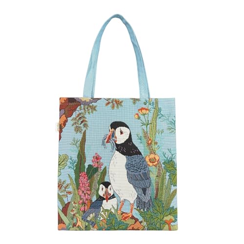 Sac fourre-tout plat Signare au motif Puffin en tapisserie tissée élégante