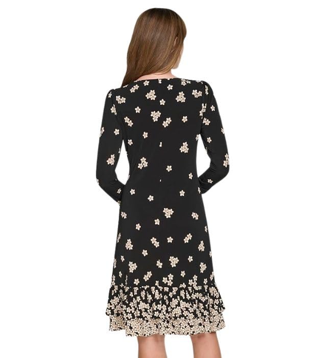 Image of Tommy Hilfiger Women's 3 /4 Sleeve Crew Neck Double Ruffle Hem Jersey Shift Mini Dress