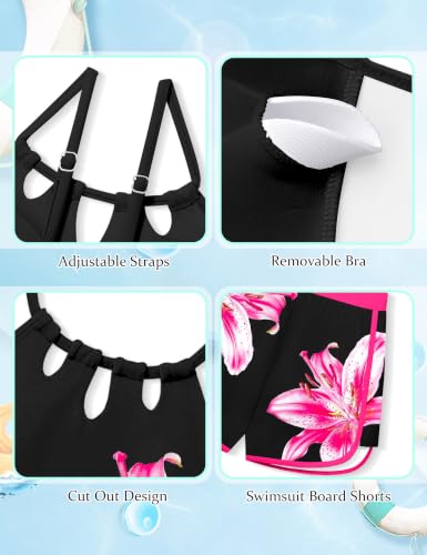 Image of KANGKANG Girls Swimsuit Quick Dry Cut Out One Piece Swimsuits with Tropical Print Cover Up Skirt Bathing Suit Swimwear 7-18Y