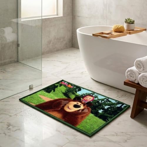 Image of Athom Living Cartoon Printed Themed Multi Colored Kids Premium Nylon Bathmat, with Latex Backing, Anti-Slip Bathmat, 37 x 57 cm, Pack of 1 (Masha and The Bear)