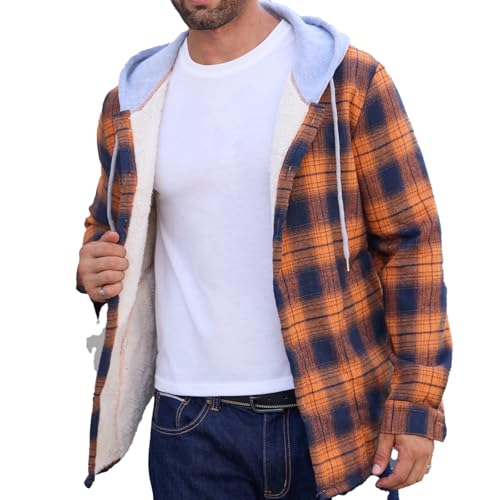 Image of Mens Sherpa Fleece Lined Flannel Buffalo Plaid Jackets with Hood Winter Thermal Quilted Insulated Hooded Coat Outwear