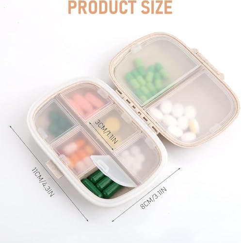 Image of ZIBUYU Travel Pill Box, Food Grade Wheat-straw Medicine Case 8-Compartment Medicine Storage Box with Divided Clear Lid, Secure Seal Pill Box for Tablets, Supplements, Vitamins (Beige)