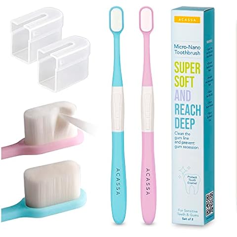 ACASSA, Super Soft Toothbrush, Nano Toothbrush, Micro Toothbrush, 20000 Bristle, Gum Toothbrush, Toothbrush in Case, Sensitive Toothbrushes, Nano Toothbrushes for Adults and Kids, Slim, Pink, Blue Cover
