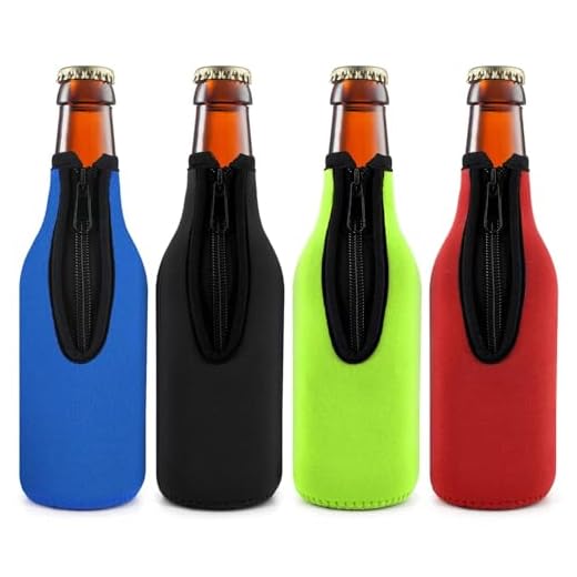 Beer Bottle Insulator Sleeve Different Color. Zip-up Bottle Jackets. Keeps Beer Cold and Hands Warm. Classic Extra Thick Neoprene with Stitched Fabric Edges, Enclosed Bottom (set of 4 color)