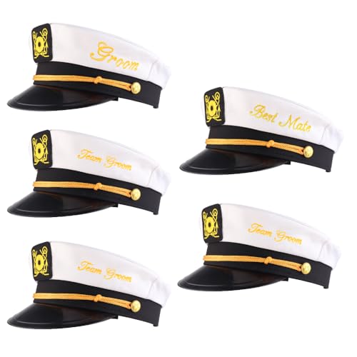 Brosash Captain Hat 5 Pcs Set - Groom, Best Mate, 3x Team Groom Nautical Bachelor Party Funny Accessory Boating White Boat Caps Favors by Brosash - Used condition - US$59.31