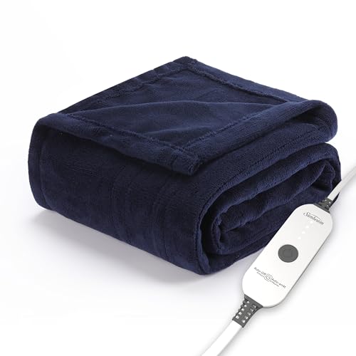 Sunbeam Electric Throw Royal Luxe Microplush Heated Blanket, 4 Heat Settings, 4-Hour Auto Shut-Off, Fast Heating, Warm and Cozy, Admiral Blue Color, 50