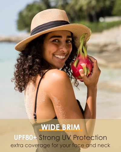 Image of FURTALK Sun Hat Wide Brim Straw Fedora Panama Beach for Men Women | Foldable & Packable for Travel, Breathable Sweatband, Adjustable Chin Strap, Ideal for Summer Boating, Gardening or Holidays