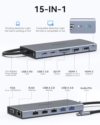 Image of USB C Docking Station Dual Monitor HDMI for Dell HP, Laptop Docking Station USB Type C Hub Multiport Adapter Dongle Thunderbolt 3 USB-C to 2 HDMI,Ethernet,VGA,4 USB,PD,SD /TF,Audio for Lenovo,Surface
