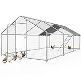 Large Metal Chicken Coop with Roosting Perch Chicken Run Hen Duck Rabbit House with Waterproof Cover for Outdoor Walk-in Poultry Cage Back Yard Outside Spire Roof (10’ W x 19.7’ L x 6.4’ H)