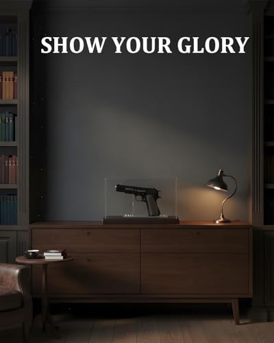 Image of Premium Acrylic Pistol Display Case with Solid Wood Base & Clear Pistol Stand - UV Protection, Dustproof Gun Display Box for Collector Handguns, 1911, Glock and Memorabilia (11 inch x 4.2 inch x 6.7 inch)