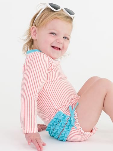 Image of RuffleButts Baby-Girls Seersucker Long Sleeve Rash Guard - One Piece Swimsuit UPF 50+ Toddler