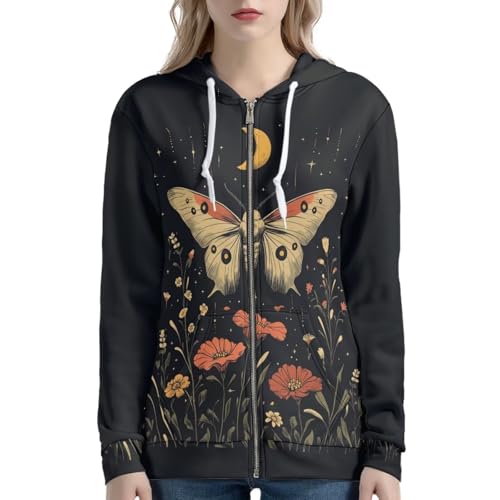 HUGS IDEA Gothic Moth Zip Up Hoodies for Women Jackets