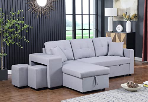 Biadnbz Convertible Sleeper Sectional Sofa With Reversible Storage Chaise, Modern Linen Fabric L-Shaped Pull Out Couch W/2 Stools,For Living Room Apartment, Light Gray #TOP11