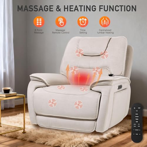 EONIX Triple Motor Lay Flat Zero Gravity Power Recliner Chair with Heat and Massage, Independent Adjustable Backrest Footrest Headrest, 400lbs Heavy Duty Medium Size, Stylish Chenille, Cream White - Thumbnail 5