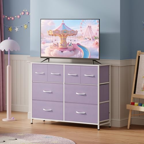 Image of WLIVE Dresser for Bedroom with 8 Drawers, Wide Fabric Dresser for Storage and Organization, Bedroom Dressers, Chest of Drawers for Living Room, Closet, Hallway, Purple