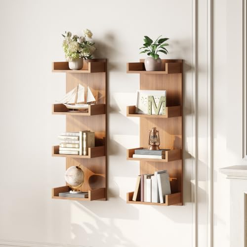 Image of HOOBRO Floating Wall Shelves with LED Lights, Floating Shelf Wall Mounted | Shelf for Storage, Vertical Display Stand, Modern Column Rack, for Bedroom, Livingroom, 4-Tier, 35.4 Inches, Walnut