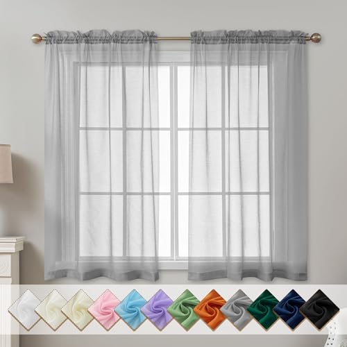 Image of Grey Sheer Curtains 54 Inch Length, Privacy Semi Sheer Curtains for Dining Room Kitchen, Light Filtering Rod Pocket Voile Window Drapes 2 Panels Set, Each 42 inch W x 54 inch L