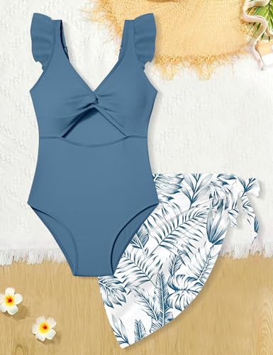 Girls One Piece Swimsuit Cut Out Ruffle Bathing Suit Twist V Neck Swimwear Solid Color with Cover Up Skirt 7-18T4