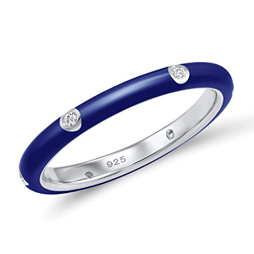 Santuzza 925 Sterling Silver Ring Handmade Enamel Colorful Stackable Rings White Cubic Zirconia Eternity Rings (Navy Blue,7)