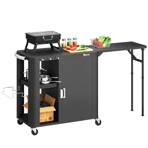 Outsunny Desserte jardin chariot de barbecue sur roulettes îlot de cuisine avec table latérale pliable placard étagères ouvertes porte-papier support sacs poubelle...