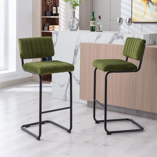 Image of ONEVOG 30 Inch Seat Height Green Velvet Bar Stools with Back and Cantilever Metal Leg, Mid Century Modern Upholstered Fabric Barstools, Tufted Tall Chairs for Kitchen Island /Counters /Pub, Set of 2