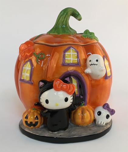 Blue Sky Clayworks Hello Kitty Halloween Cat Costume Haunted Pumpkin Lidded Candy Bowl, 6.5-inch Height, Kitchen Accessories, Orange, Ceramic