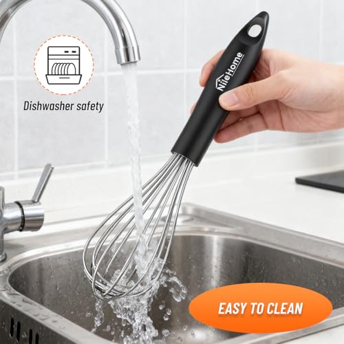 Image of NileHome Silicone Whisk Set 8 inch 10 inch 12 inch, 3 Pack Kitchen Whisk Kitchen Wisk Wire Whisks for Cooking, Whisking, Blending, Beating, Stirring-Black Silver