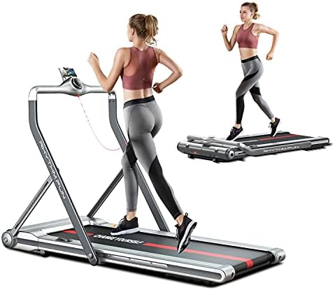 RHYTHM FUN Treadmill 2-in-1 Folding Treadmill Under Desk Walking Treadmill with Foldable Handrail Wide Tread Belt Super Slim Mini Quiet Home Treadmill with Smart Remote Control and Workout App（Sliver）