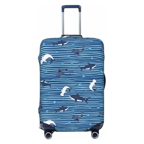 Sharks on White Blue Striped Print Luggage Cover Washable Elasticated Suitcase Covers TSA Approved Stylish Dust and Scratch Resistant Case Protector for Kids and Adults
