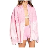 Women's Winter Jacket, Long Black Jacket for Women Chaquetas De Invierno para Mujer Colombia Jackets The Loose Casual Denim Jacket Female Tie-Dye Trim Tassel Sleeve Coat with (L, Pink)