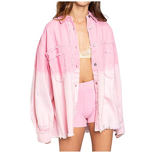 Women's Winter Jacket, Long Black Jacket for Women Chaquetas De Invierno para Mujer Colombia Jackets The Loose Casual Denim Jacket Female Tie-Dye Trim Tassel Sleeve Coat with (L, Pink)