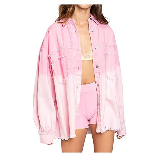 Women's Winter Jacket, Long Black Jacket for Women Chaquetas De Invierno para Mujer Colombia Jackets The Loose Casual Denim Jacket Female Tie-Dye Trim Tassel Sleeve Coat with (L, Pink)